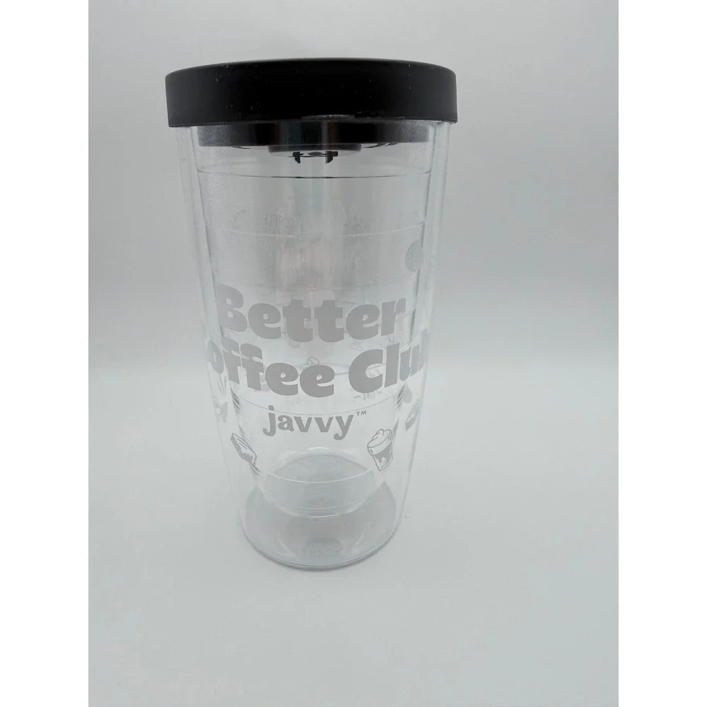 Javvy Better‎ Coffee Club Tumbler 16oz Double Wall Insulated Clear Black Lid NEW